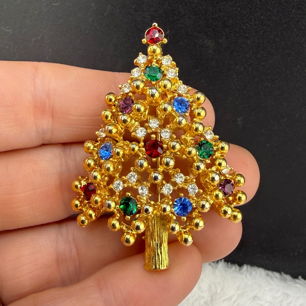 Vintage Eisenberg Christmas Tree Brooch Gold Multi Rhinestone Women OS‎